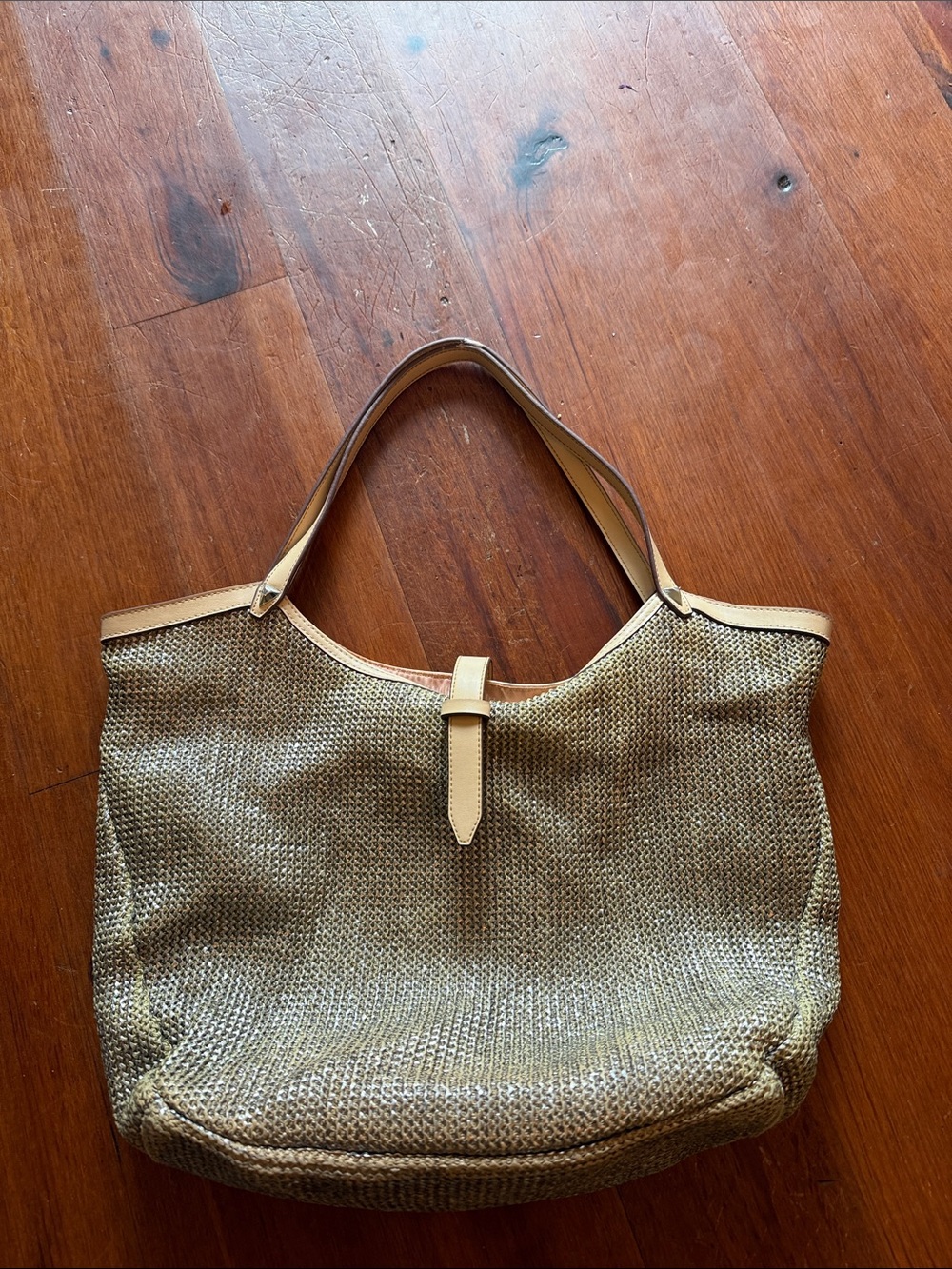 Stella & Dot Leather-Trim Woven Tote Bag in Beige